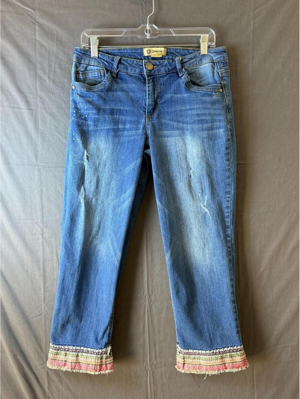 Democracy Womens Crop Capri Jeans 10 Blue Distressed Paint Splatter Boho Hem